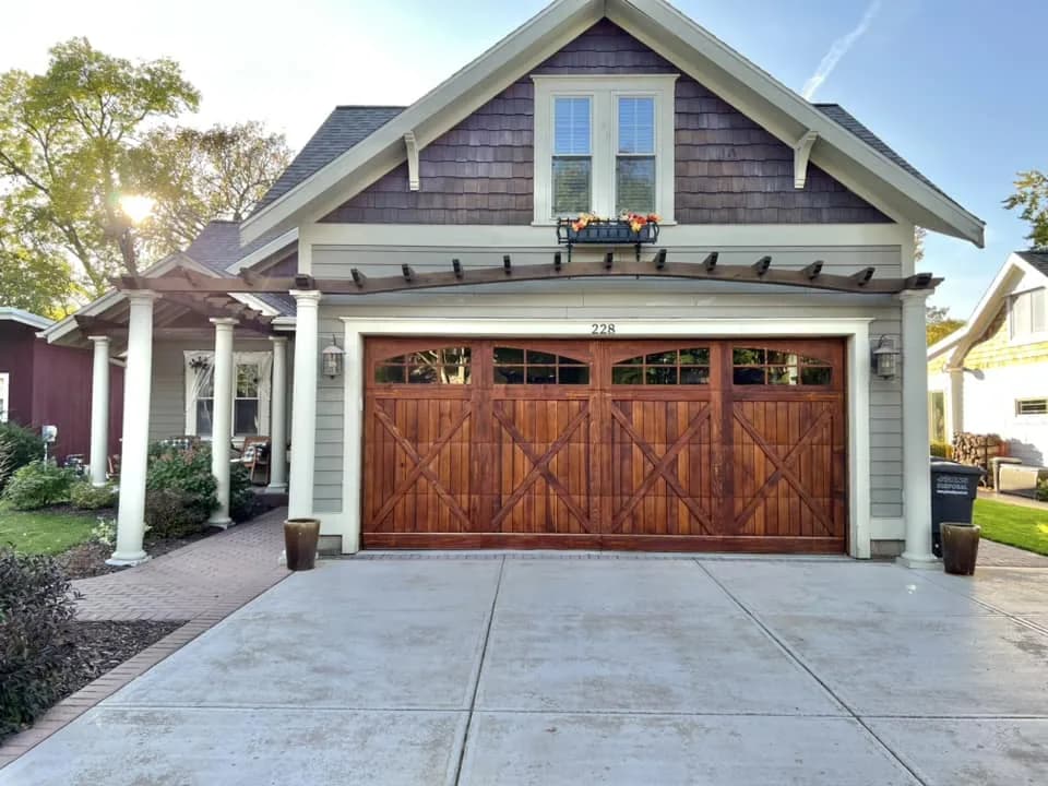 Craftsman garage doors finished with EXPERT Stain & Seal in Pecan