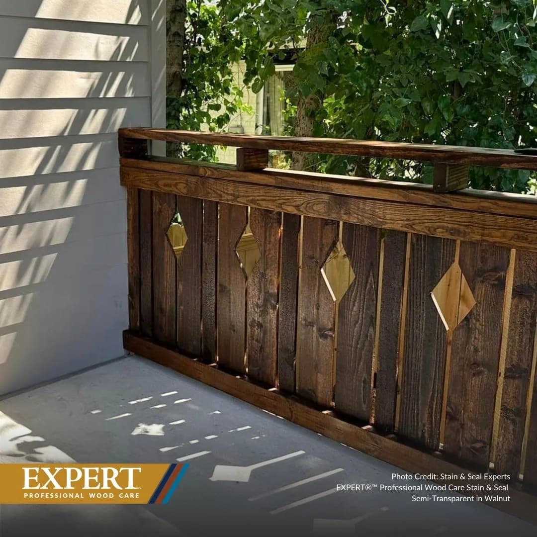 Porch railing finished with EXPERT Stain & Seal in Walnut