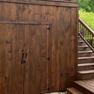 Stained storage shed
