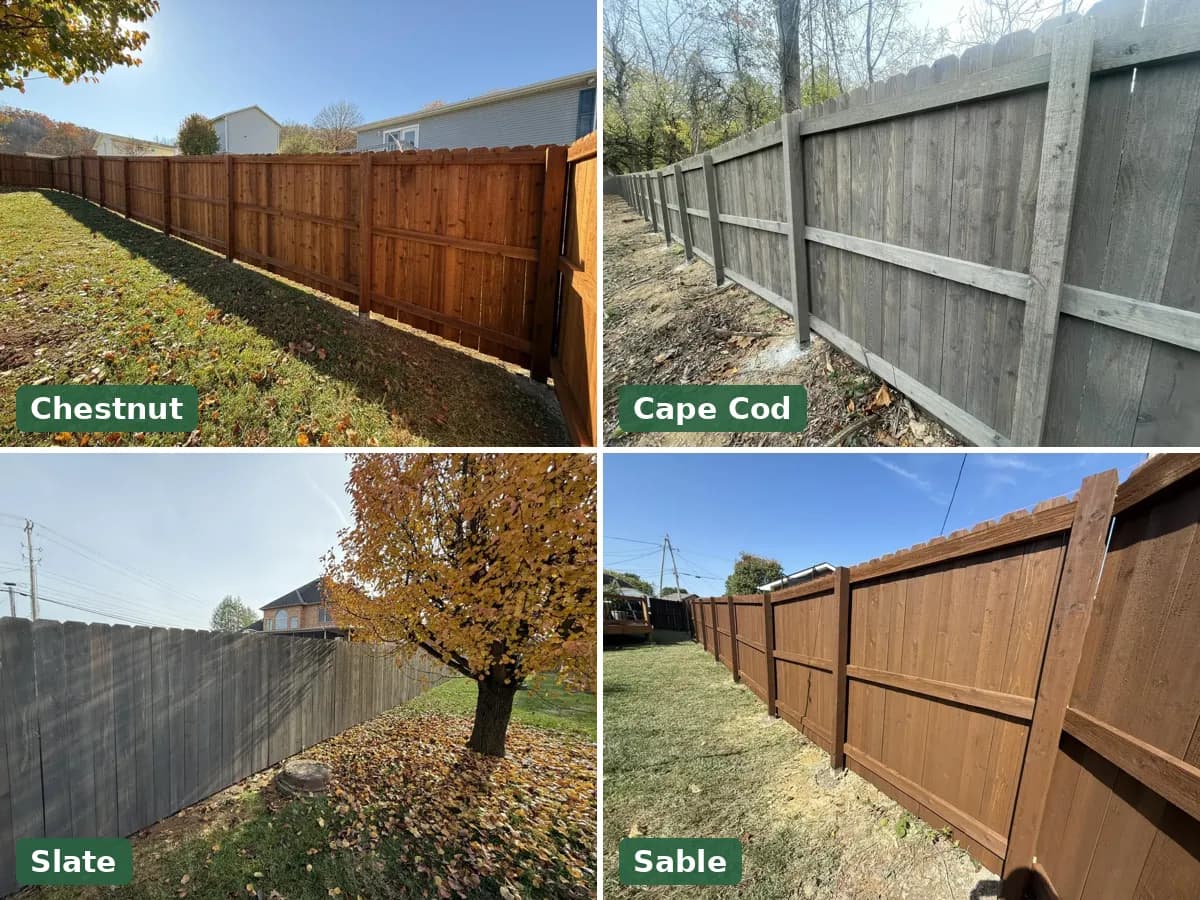 Gopher Wood fences in Chestnut, Cape Cod, Slate and Sable finishes