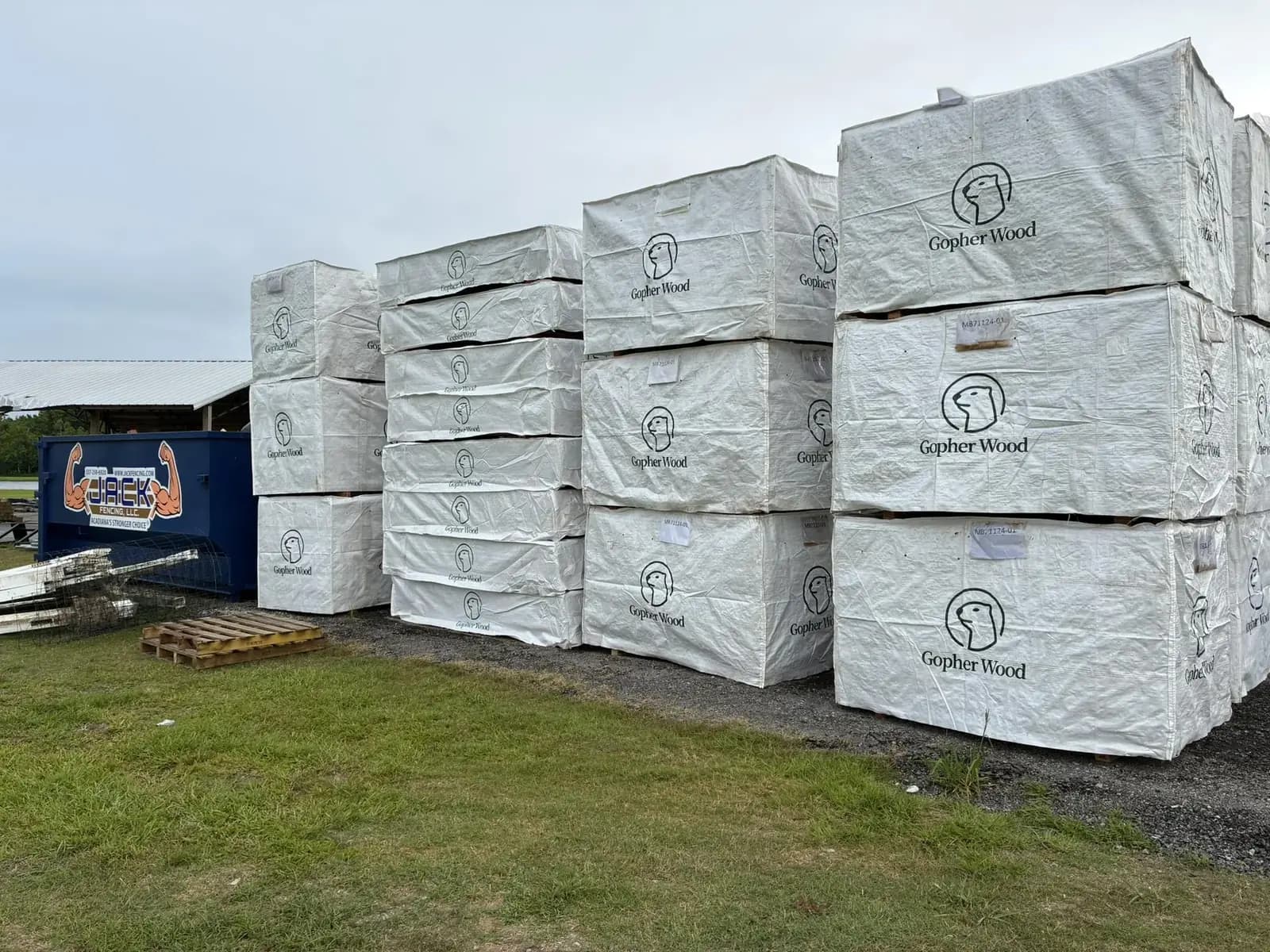 Wrapped Gopher Wood bundles delivered to a contractor yard